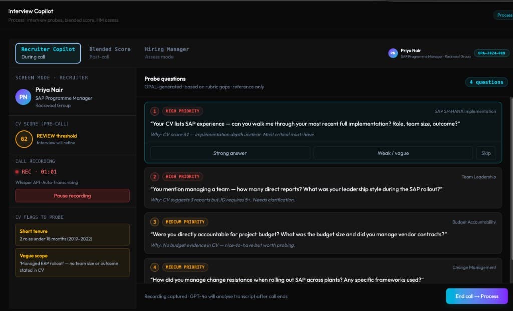 Interview Copilot — recruiter copilot during call with probe questions, CV score, and live transcription