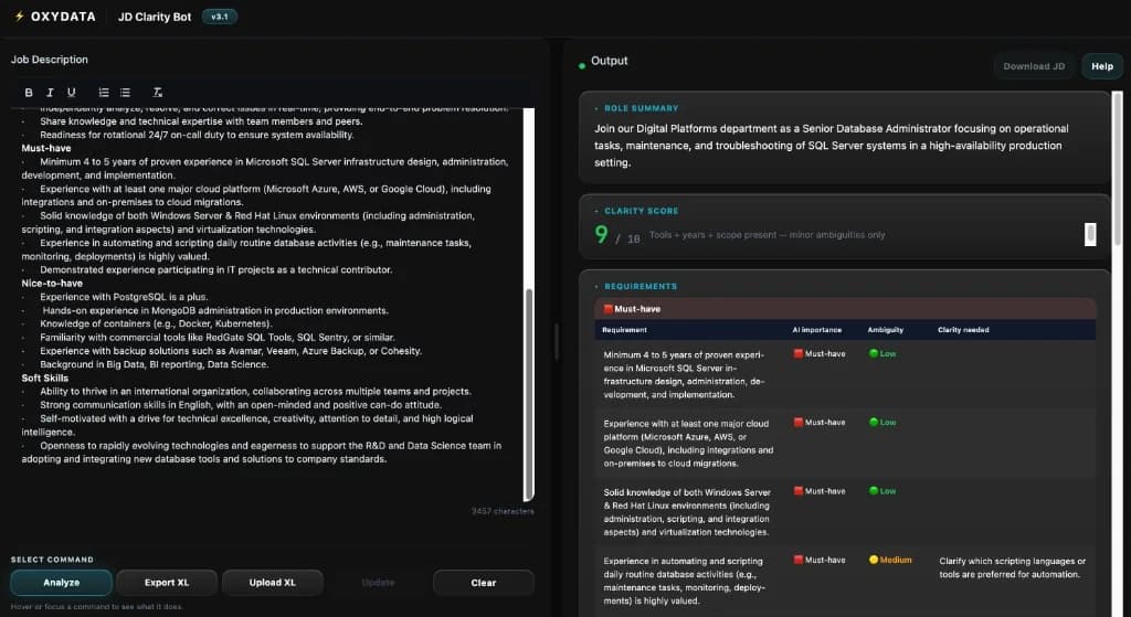 Screenshot: Job Description Copilot — question flow and JD output